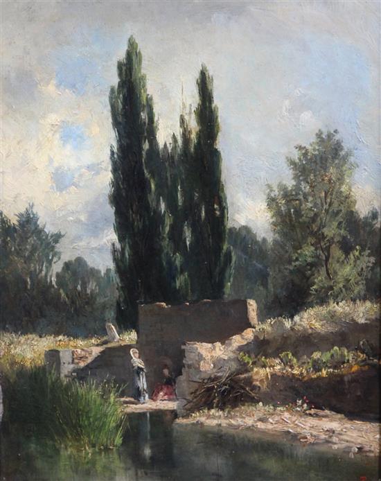 Italian School Landscape with figures beside a river 12 x 9in.